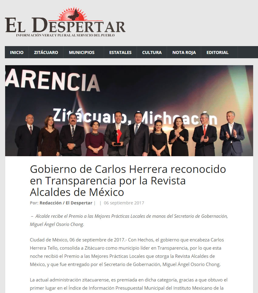Gobierno de Carlos Herrera reconocido en Transparencia por la Revista Alcaldes de México