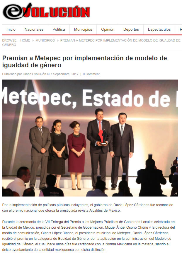 Premian a Metepec por implementación de modelo de igualdad de género