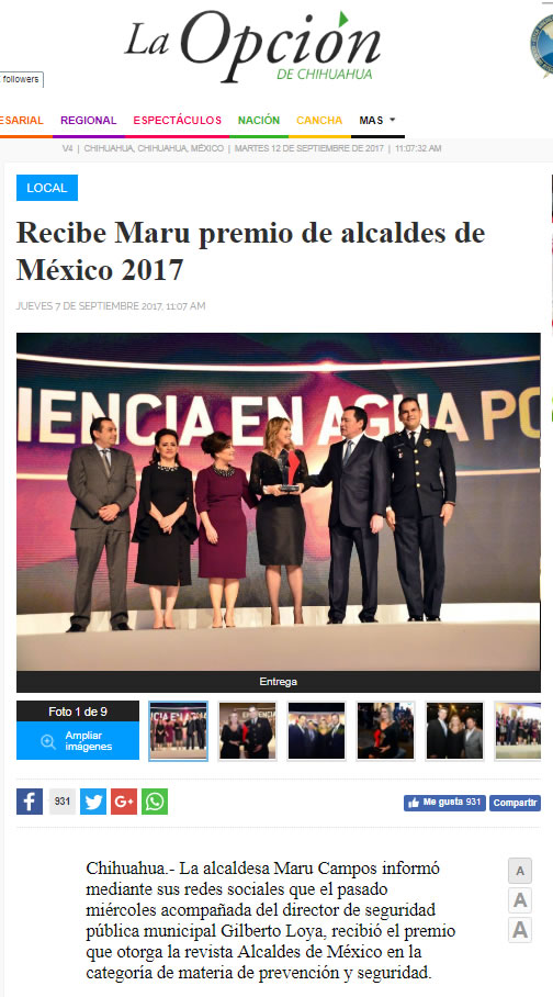 Recibe Maru premio de alcaldes de México 2017