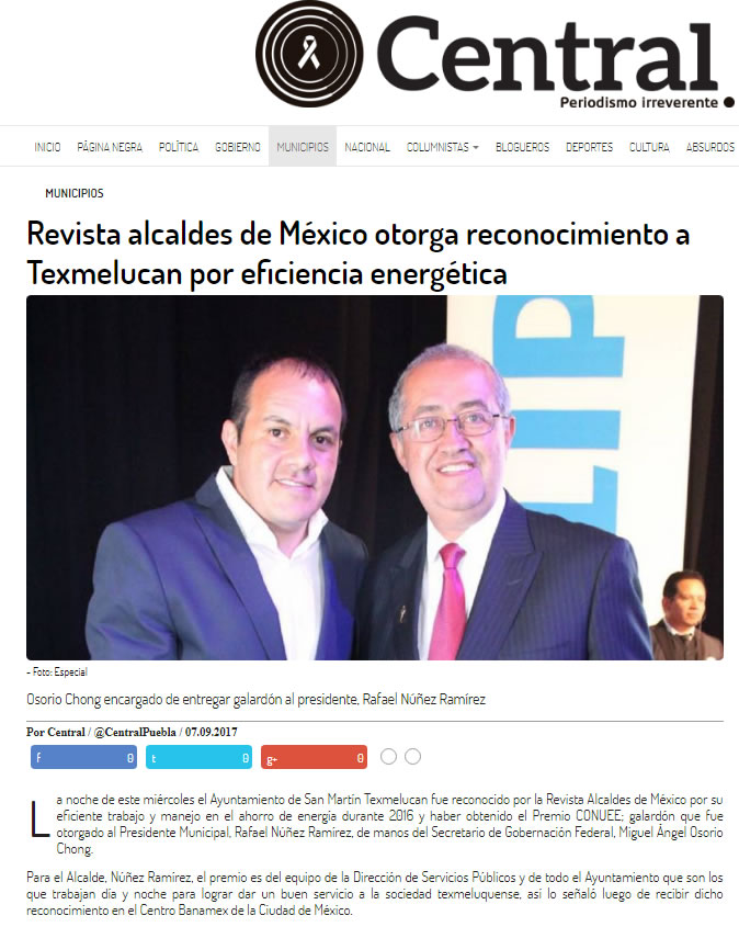 Revista alcaldes de México otorga reconocimiento a Texmelucan por eficiencia energética