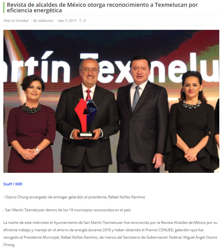 Revista de alcaldes de México otorga reconocimiento a Texmelucan por eficiencia energética